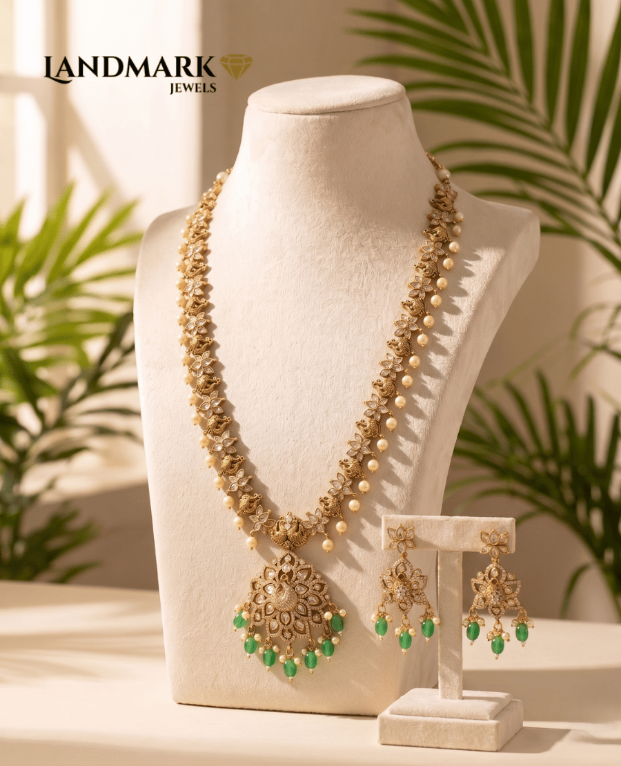 antique-gold-plated-peacock-floral-haram-necklace-set-with-green-beads