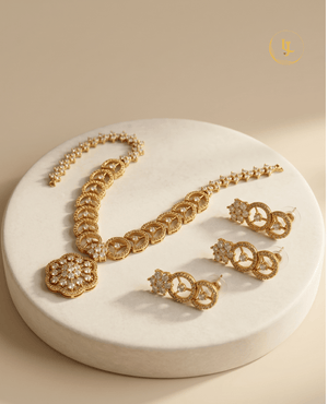 Landmark Jewels designer jewelry set including a circular link necklace and matching earrings displayed on a white marble pedestal.