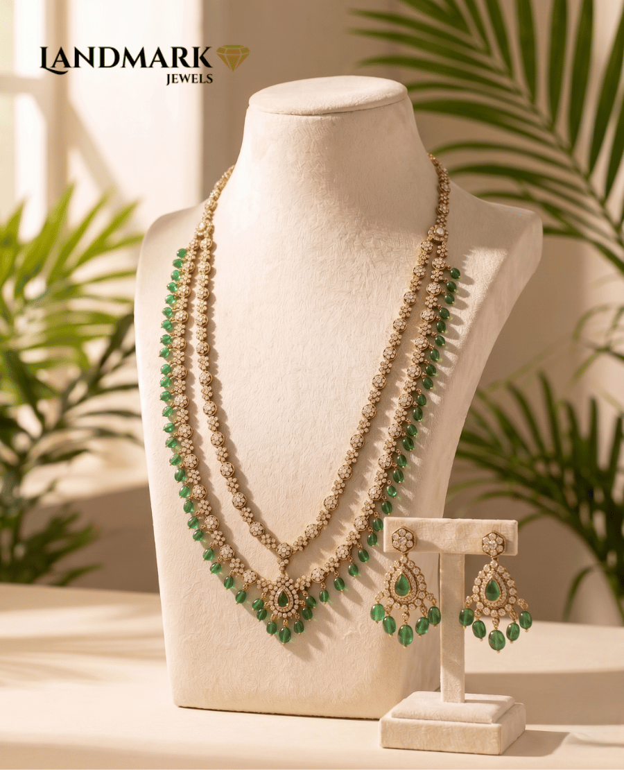 antique-gold-plated-emerald-green-polki-double-layer-long-necklace-set