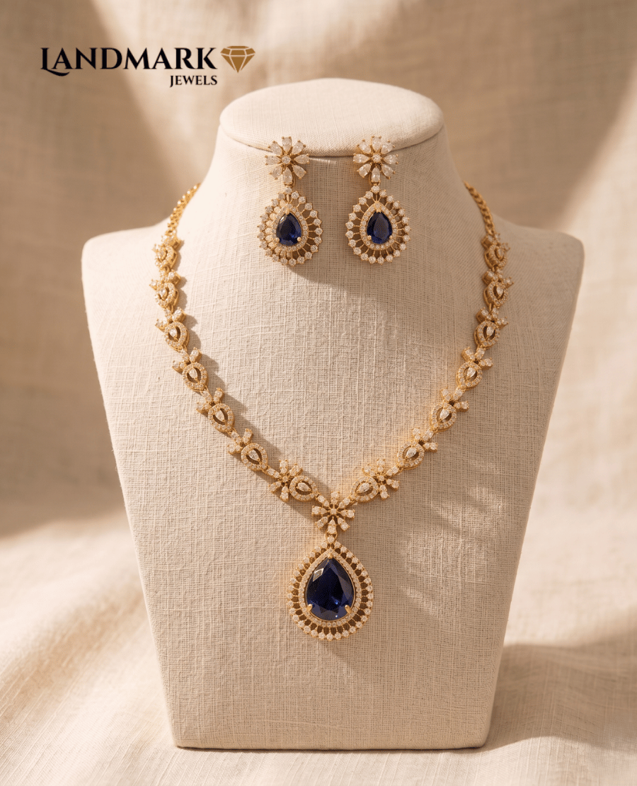 royal-blue-pear-cut-pendant-earrings-set