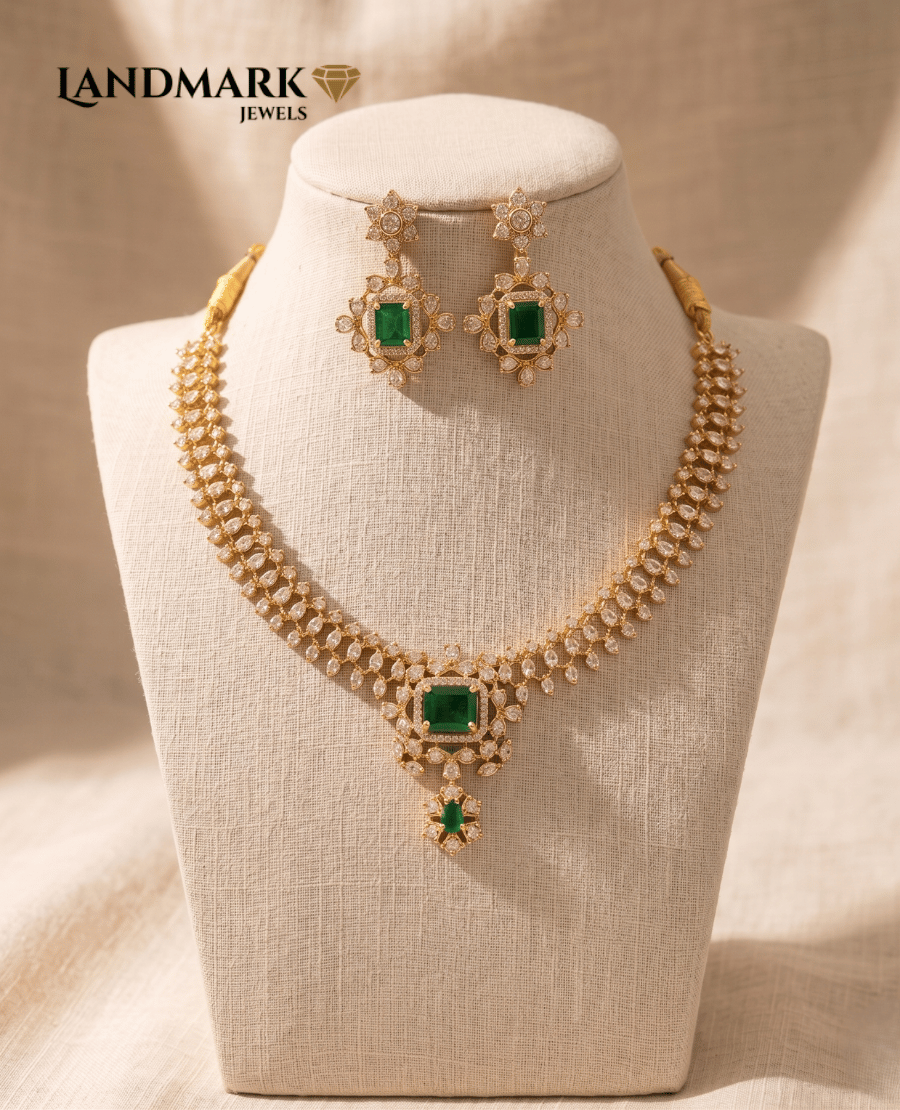 regal-emerald-cut-green-stone-necklace-set-with-floral-halo-earrings