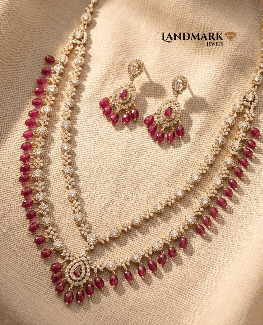 landmark-jewels-gold-plated-dual-layer-necklace-with-white-polki-stones-and-ruby-red-teardrop-beads-featuring-matching-earrings