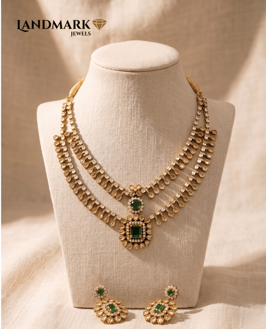 regal-emerald-green-white-stone-dual-layered-necklace-set