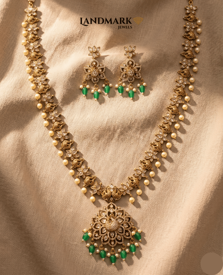landmark-jewels-antique-gold-plated-long-haram-necklace-and-earrings-set-with-peacock-pendant-and-green-bead-drops