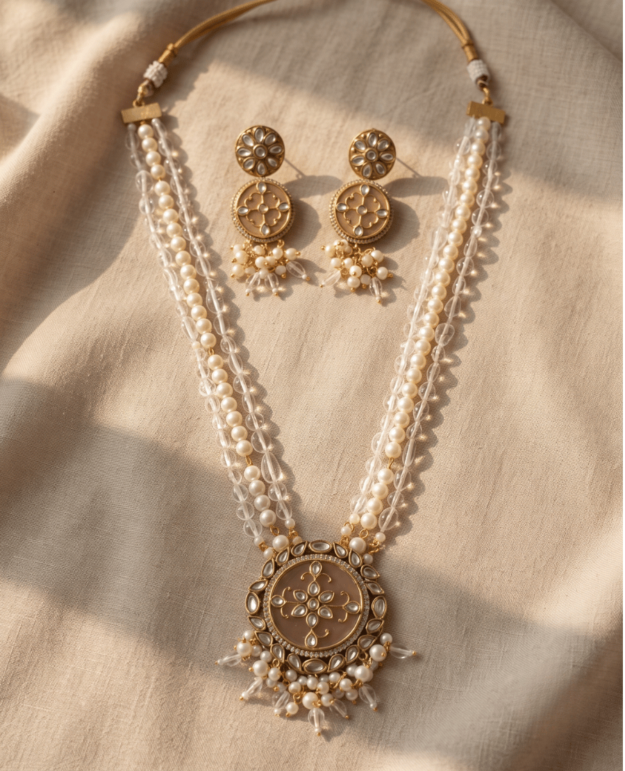 long-multi-strand-pearl-and-crystal-bead-necklace-with-an-ornate-round-gold-pendant-and-matching-circular-floral-studs