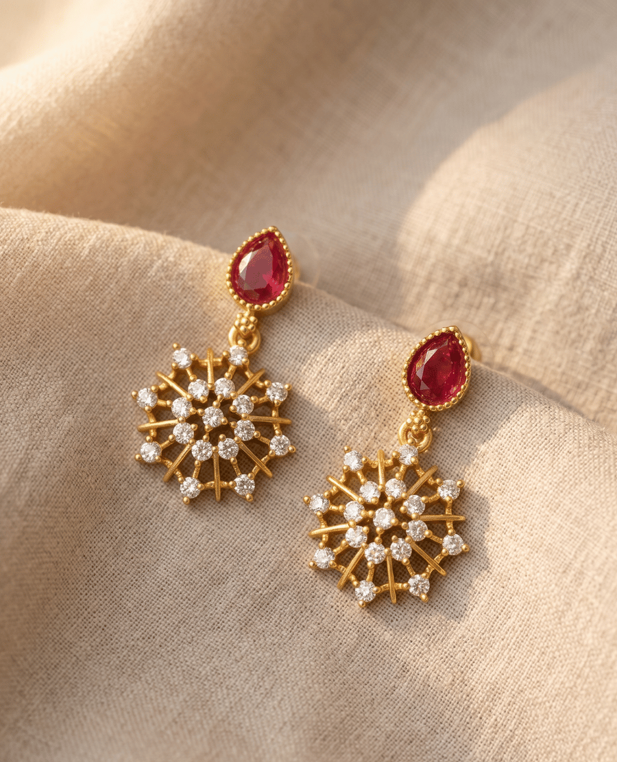 pair-of-gold-plated-drop-earrings-from-landmark-jewels-featuring-a-teardrop-ruby-red-stone-and-a-crystalline-snowflake-drop-on-a-beige-fabric-background