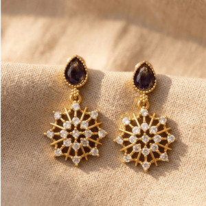 Landmark Jewels gold-finished dangle earrings featuring dark purple amethyst-colored teardrop stones and clear CZ crystal starburst pendants.