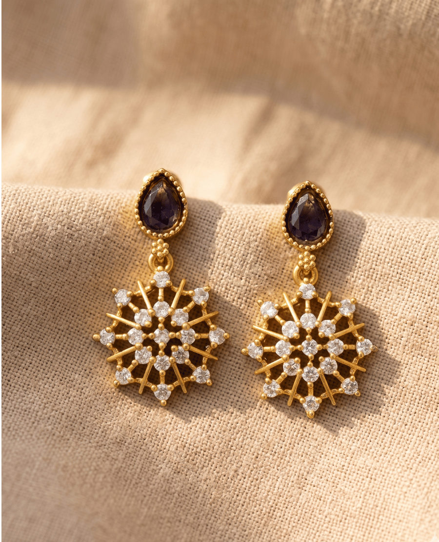 landmark-jewels-gold-finished-dangle-earrings-featuring-dark-purple-amethyst-colored-teardrop-stones-and-clear-cz-crystal-starburst-pendants