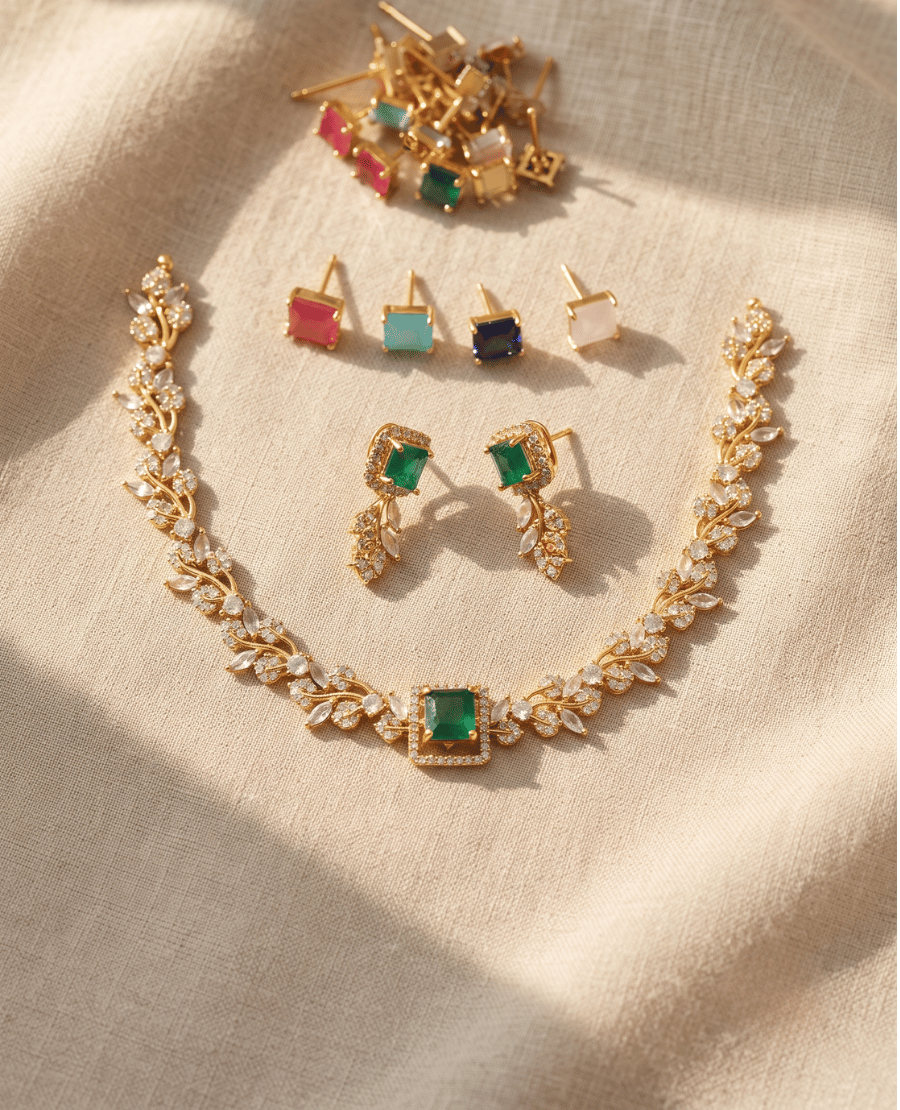 gold-leaf-pattern-necklace-with-a-central-green-stone-matching-earrings-and-an-assortment-of-interchangeable-colored-stud-stones-above-it