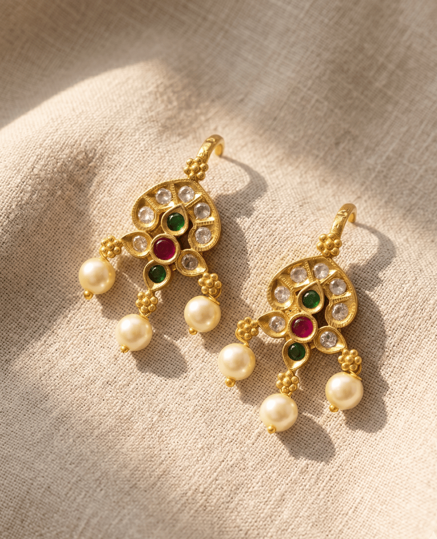 landmark-jewels-traditional-matte-gold-chandbali-earrings-featuring-kundan-ruby-red-emerald-green-stones-and-hanging-pearls-on-a-beige-fabric-background