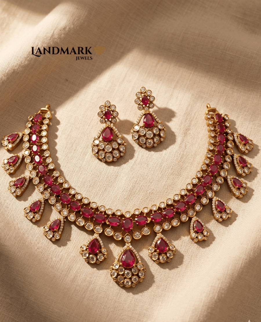 landmark-jewels-gold-plated-imitation-necklace-and-earring-set-featuring-oval-red-rubies-and-round-white-crystal-accents-on-a-beige-fabric-background