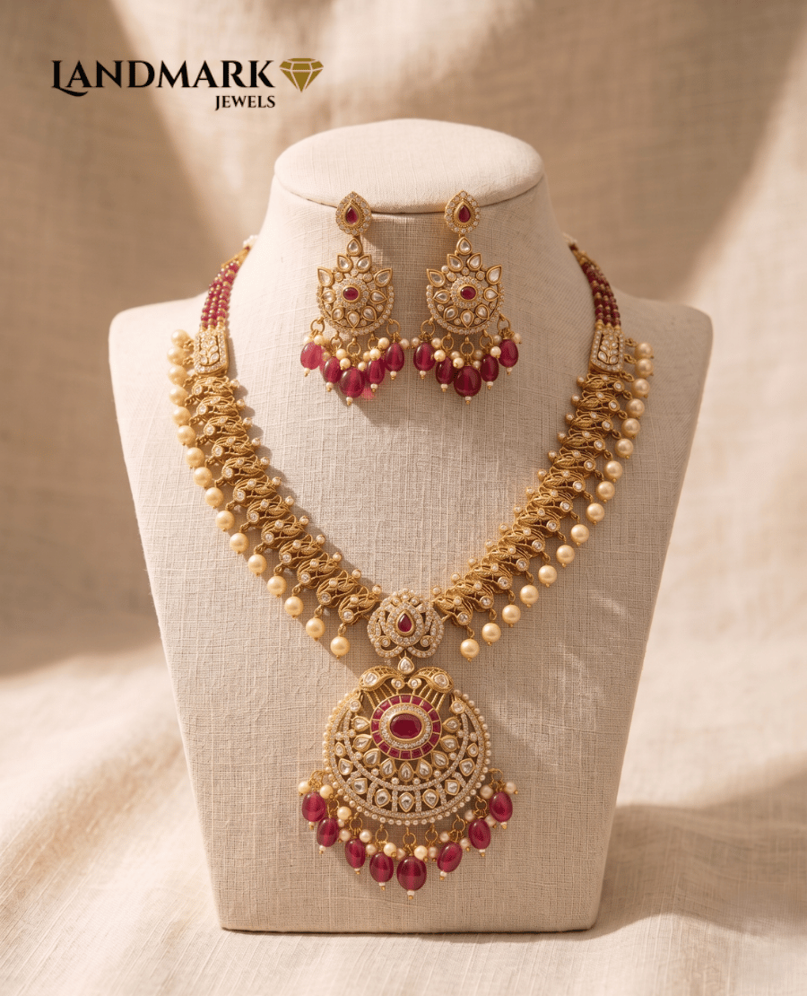 antique-gold-plated-ruby-and-pearl-choker-necklace-set-with-chandbali-earrings