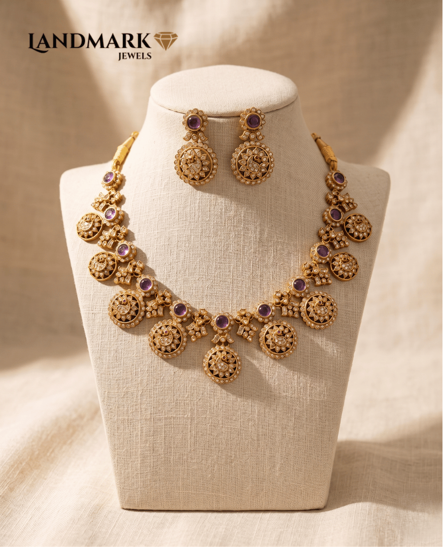 antique-gold-plated-amethyst-white-stone-peacock-motif-necklace-set