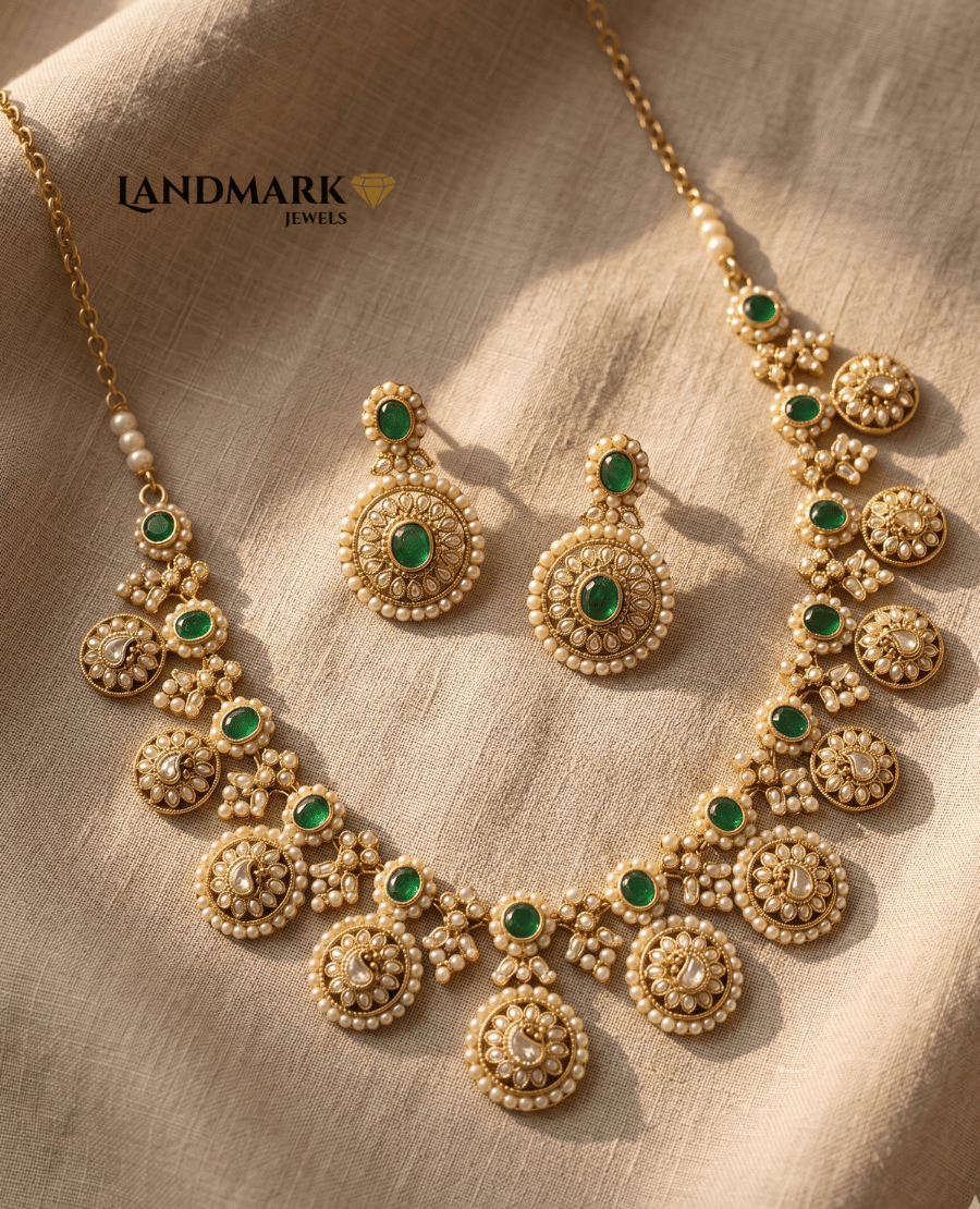 landmark-jewels-antique-gold-plated-necklace-and-earring-set-featuring-circular-floral-motifs-emerald-green-stones-and-white-pearl-bead-borders-on-a-beige-fabric-background