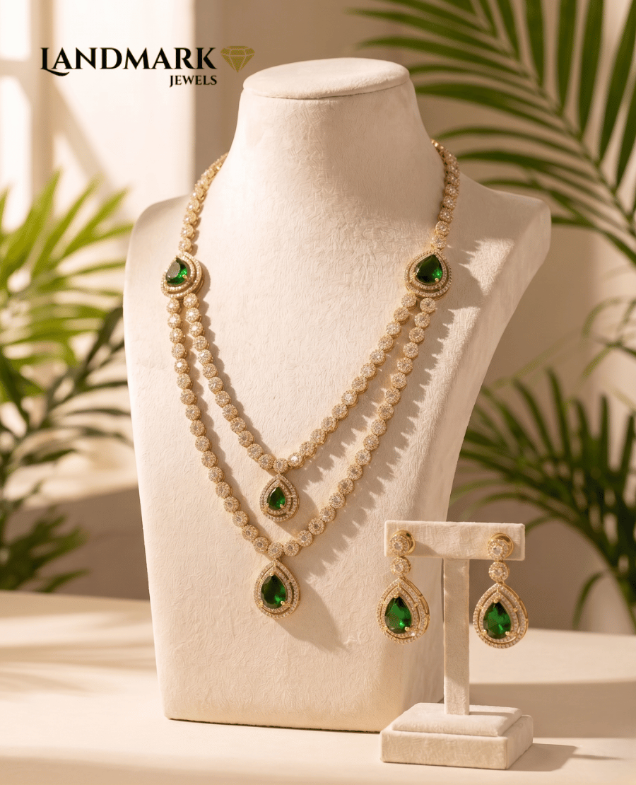 emerald-green-pear-cut-double-layered-necklace-earring-set