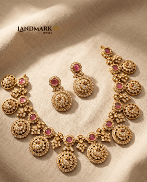 Landmark Jewels antique gold-plated necklace and earrings set featuring pink ruby stones, white polki stones, and intricate floral mandala designs on a beige fabric background.
