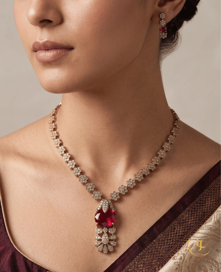 close-up-of-a-model-wearing-the-landmark-jewels-ruby-red-floral-necklace-and-matching-earrings-with-a-maroon-silk-saree