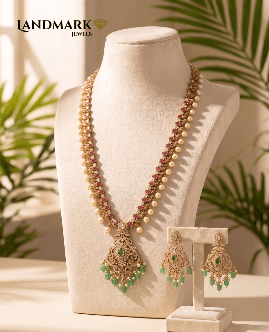 antique-gold-plated-long-haram-necklace-set-with-emerald-ruby-kemp-stones
