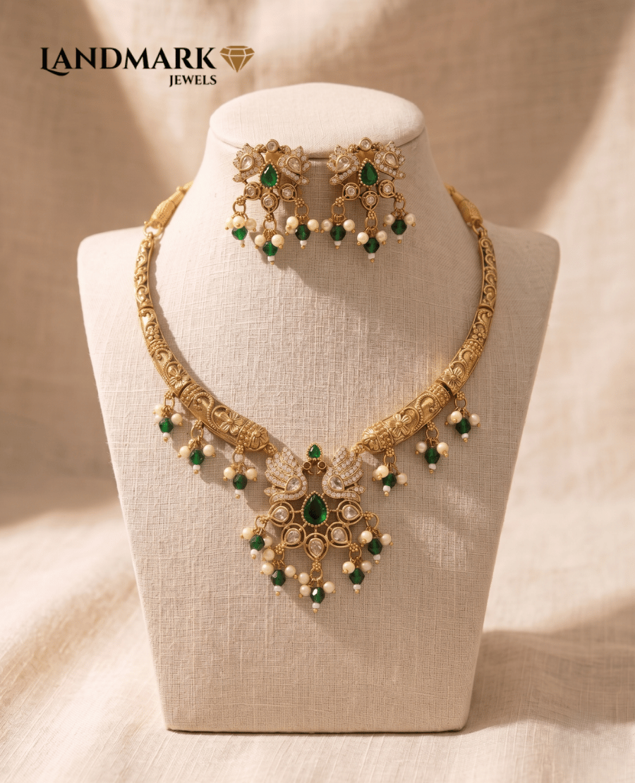 landmark-jewels-traditional-gold-plated-peacock-motif-necklace-set-with-emerald-green-stones-pearl-droplets