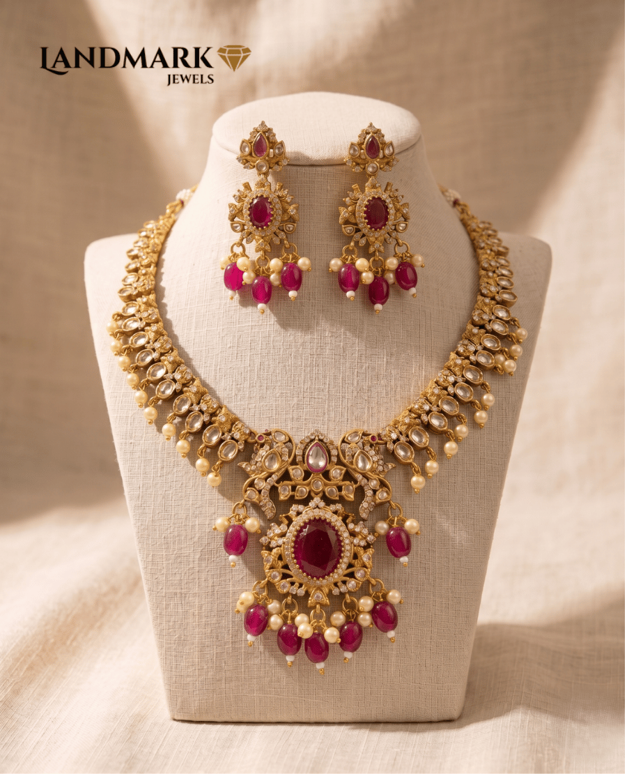 antique-gold-plated-ruby-and-pearl-studded-bridal-necklace-set