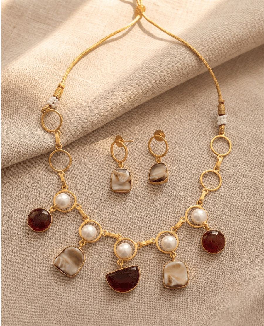 gold-link-necklace-featuring-hanging-white-pearls-sparkling-monalisa-stones-in-warm-tones-and-rich-wine-colored-gemstone-drops-with-matching-drop-earrings