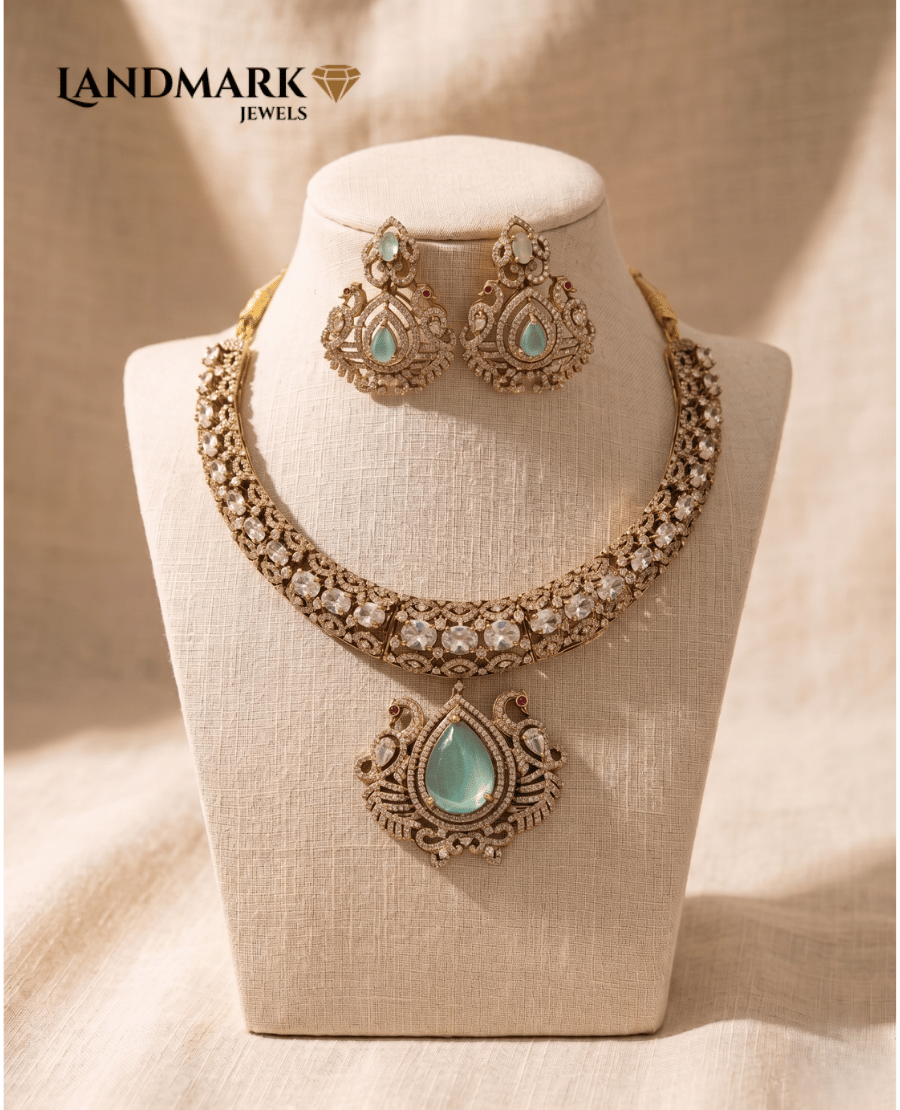 mint-green-pear-drop-antique-gold-polki-necklace-set