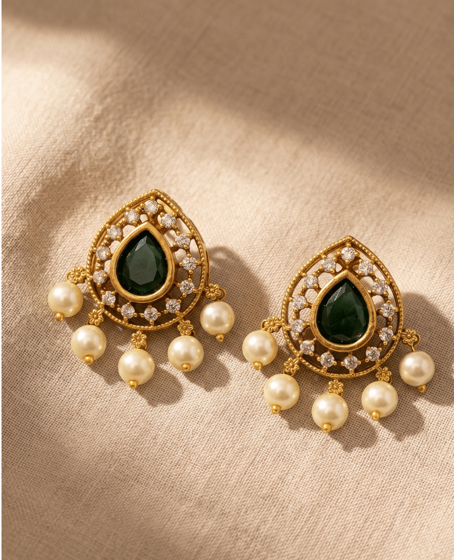 landmark-jewels-gold-plated-tear-drop-stud-earrings-with-a-central-dark-green-stone-white-accents-and-five-dangling-pearls-along-the-bottom-rim