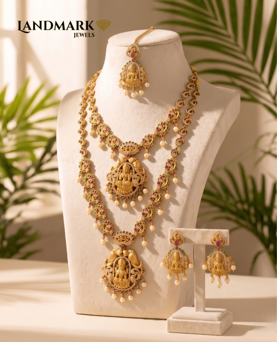 antique-gold-plated-lakshmi-motif-long-haram-set-with-matching-earrings-and-maang-tikka
