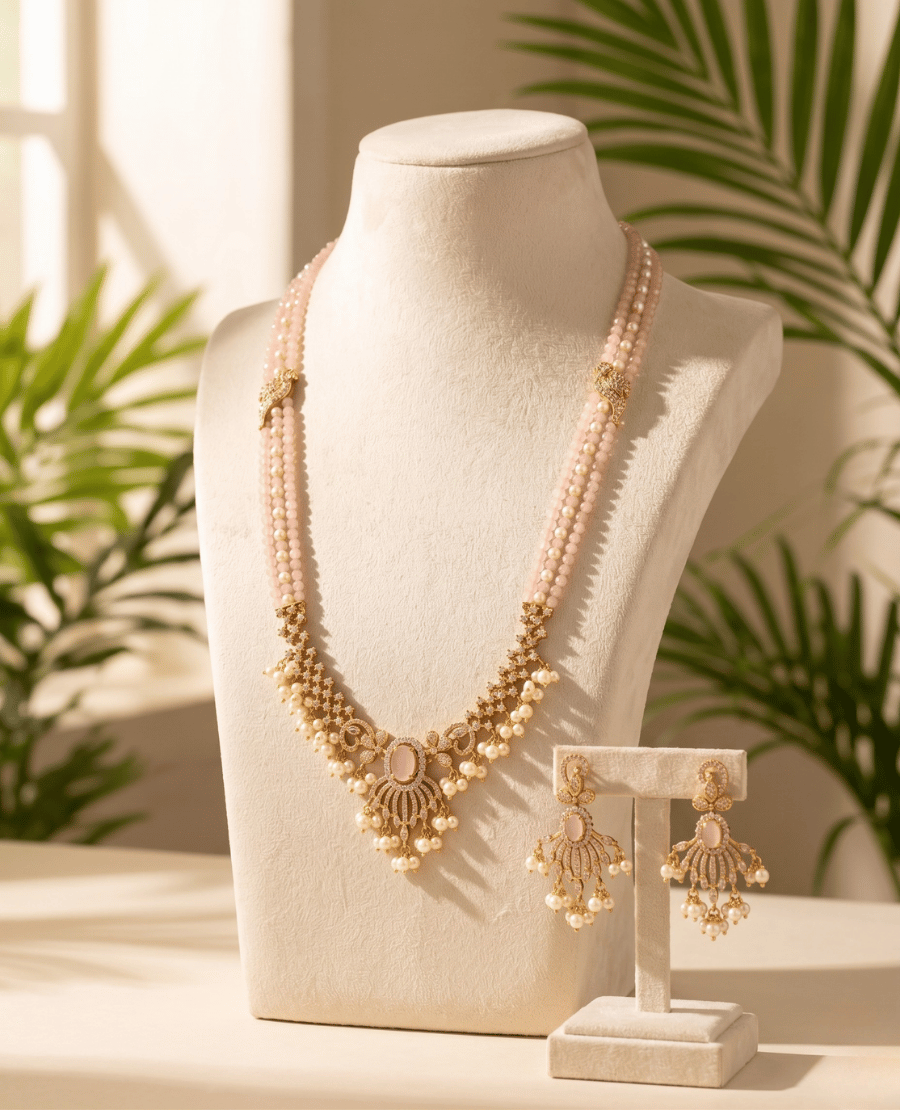 elegant-rose-quartz-pearl-multi-strand-necklace-set-with-chandbali-earrings