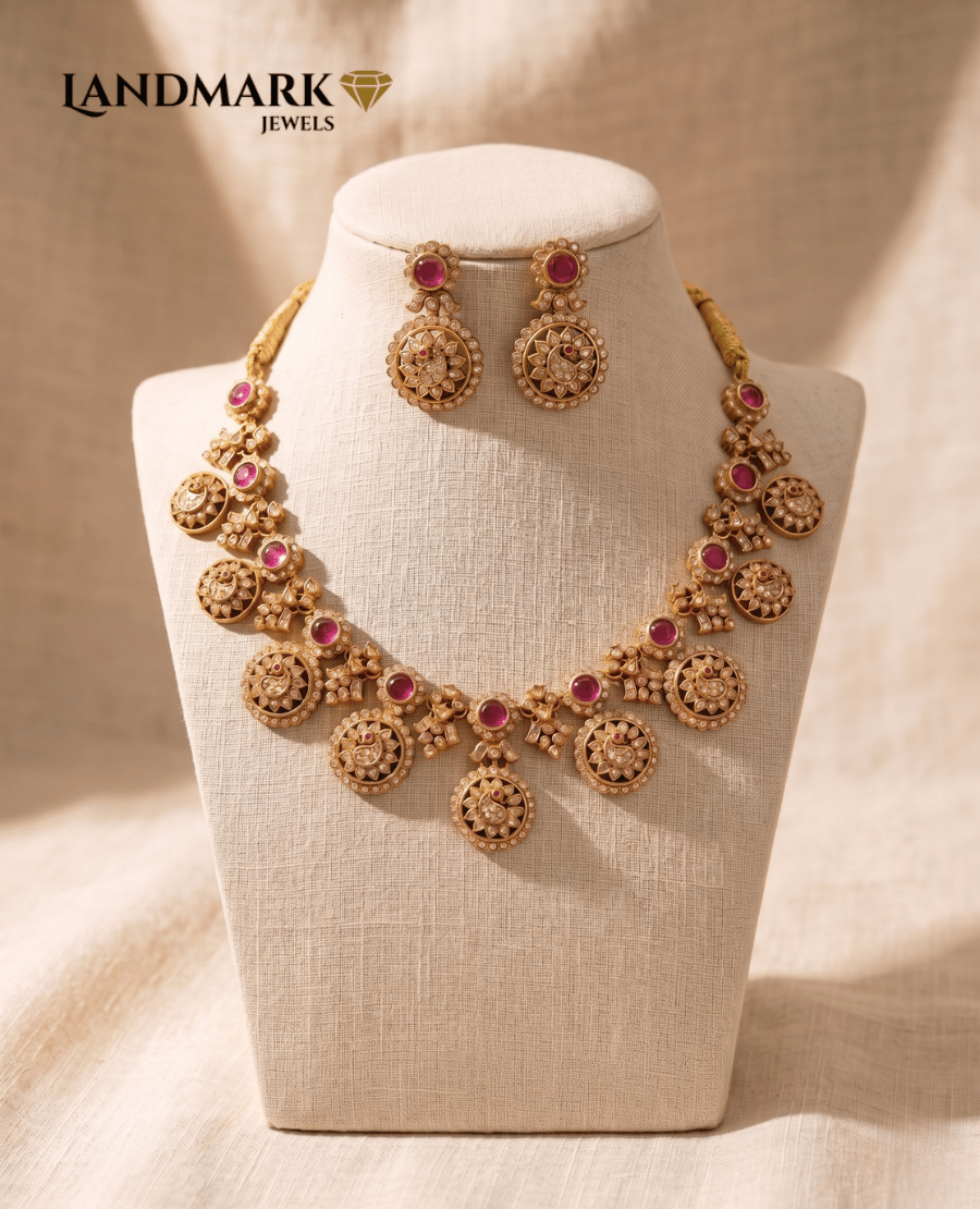 antique-gold-plated-ruby-and-polki-floral-necklace-set-with-matching-earrings