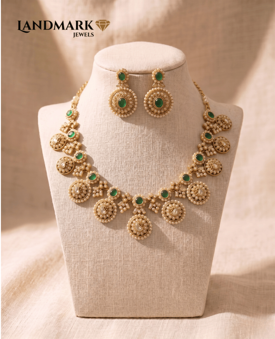 antique-gold-plated-green-stone-pearl-choker-set
