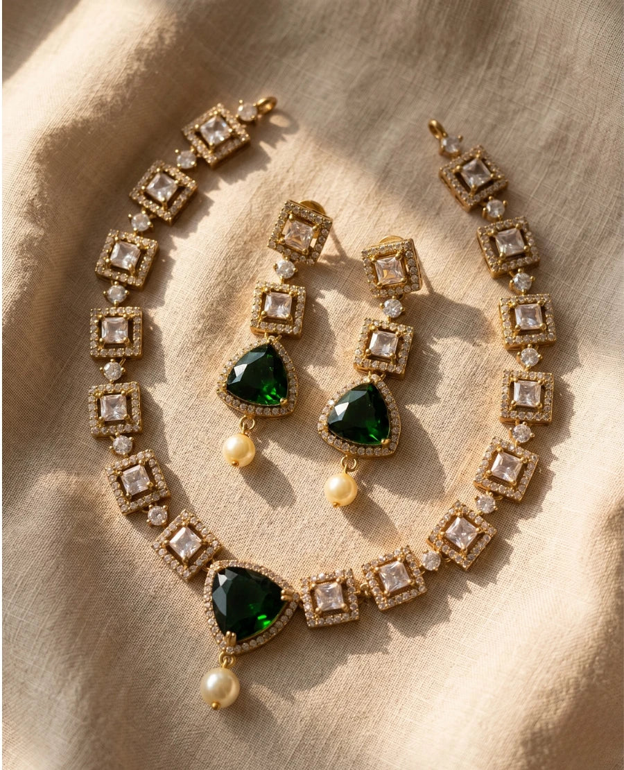 gold-plated-emerald-green-square-american-diamond-necklace-set-with-pearl-drop-earrings