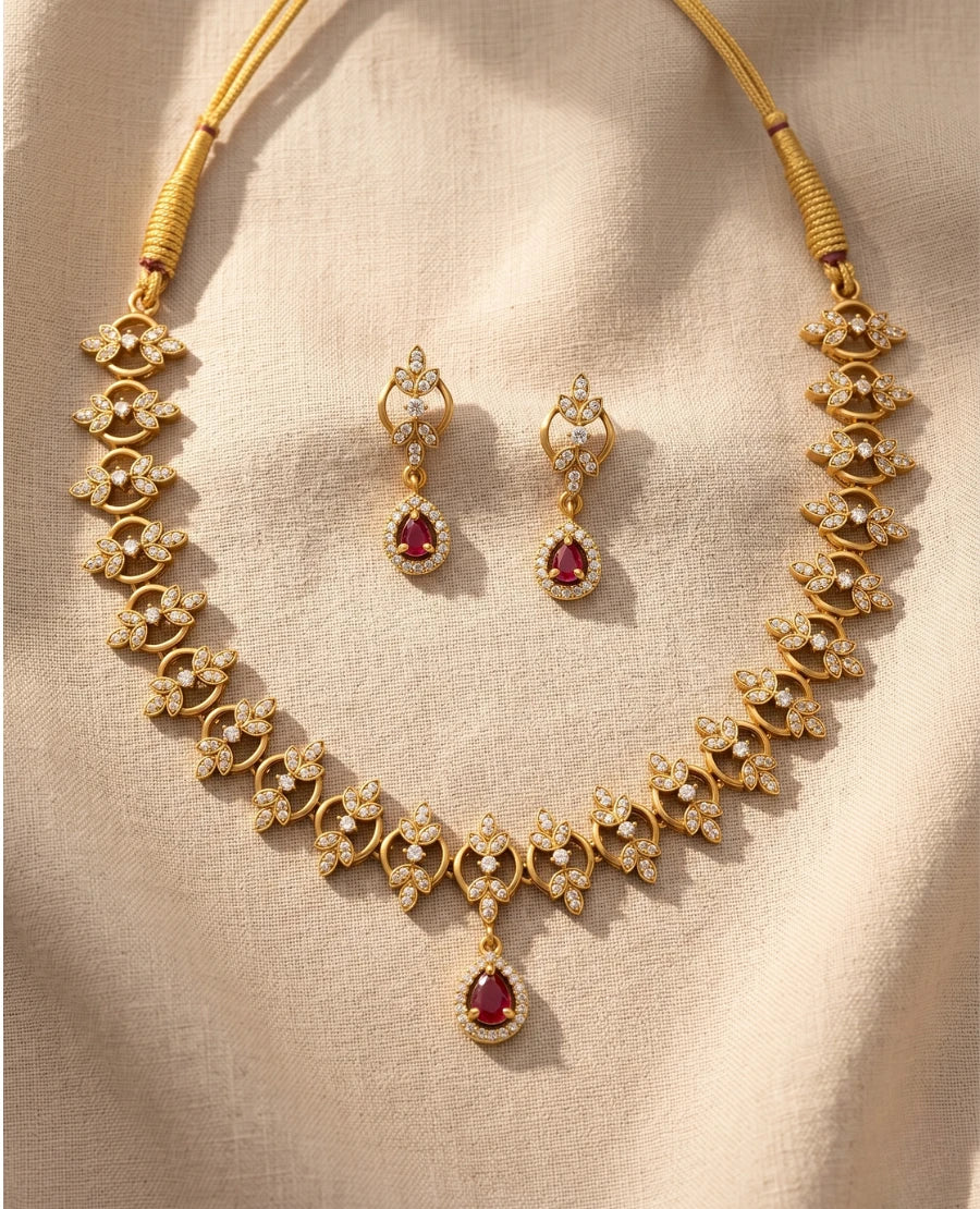 minimal-gold-plated-floral-choker-necklace-set-with-ruby-red-drop-and-american-diamonds