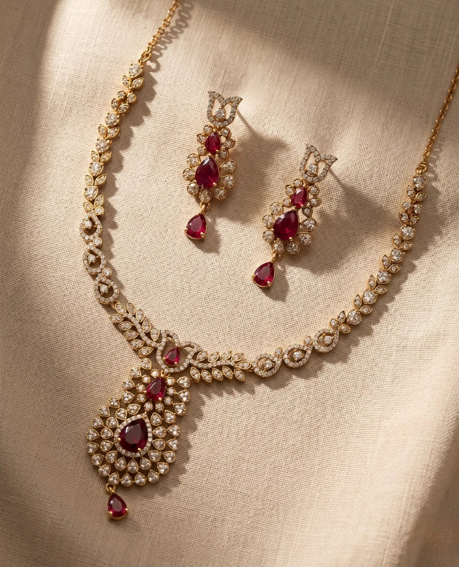 statement-gold-plated-ruby-red-american-diamond-bridal-necklace-set-with-long-drop-earrings
