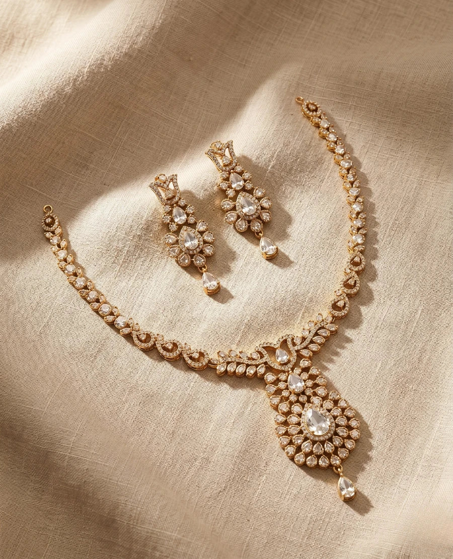 gold-plated-white-american-diamond-classic-bridal-choker-necklace-set-with-matching-earrings