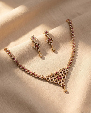 Gold plated pink ruby American diamond V shape necklace set with floral drop earrings