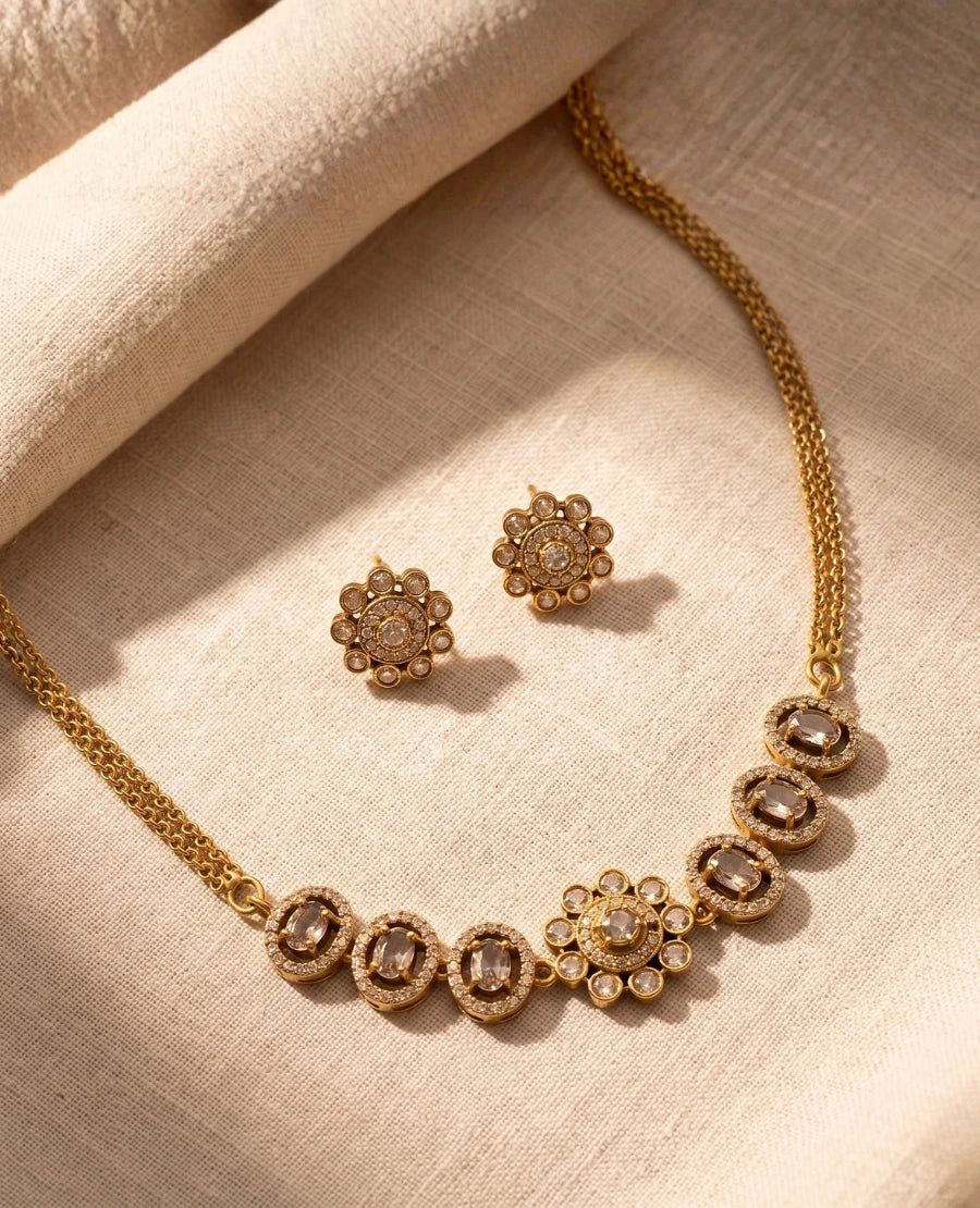 champagne-stone-american-diamond-gold-plated-short-necklace-with-floral-stud-earrings