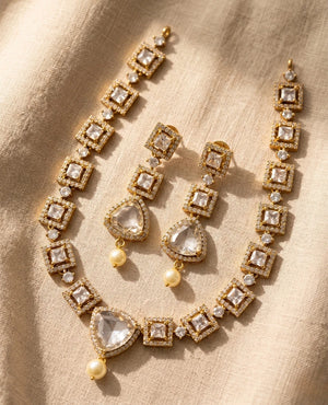White polki CZ gold plated geometric square necklace set with pearl drop earrings