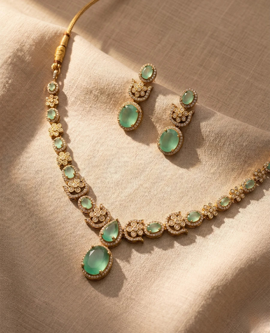 mint-green-american-diamond-gold-plated-necklace-set-with-matching-drop-earrings