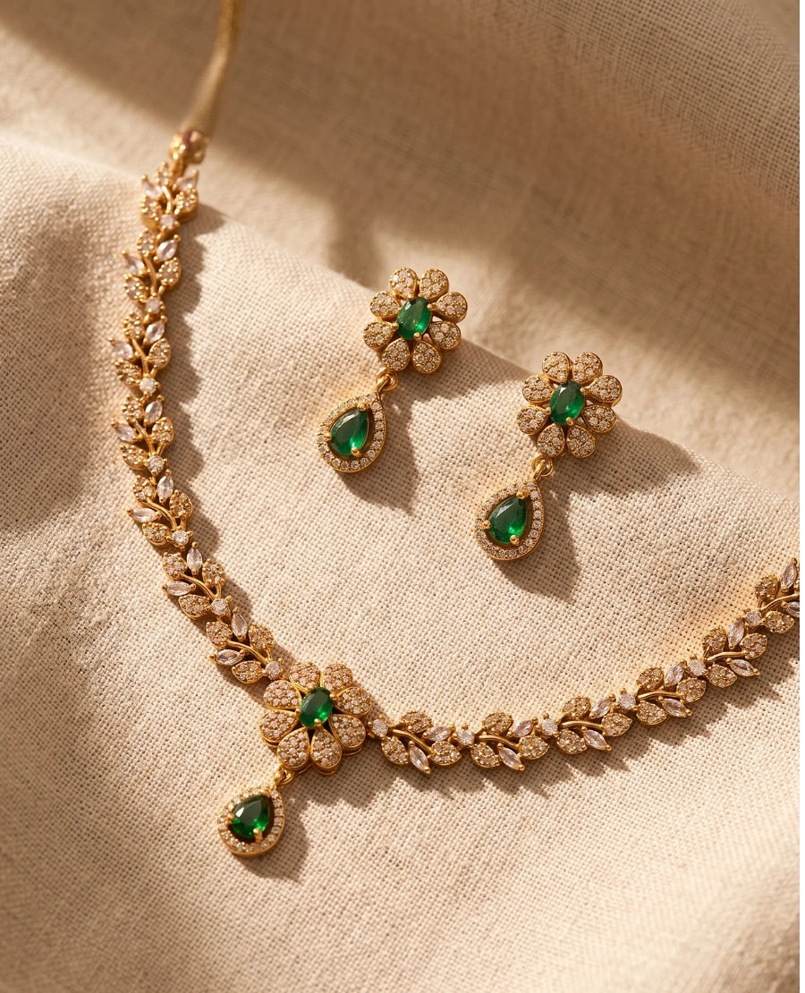 emerald-green-floral-cz-gold-plated-leaf-design-necklace-set-with-matching-drop-earrings