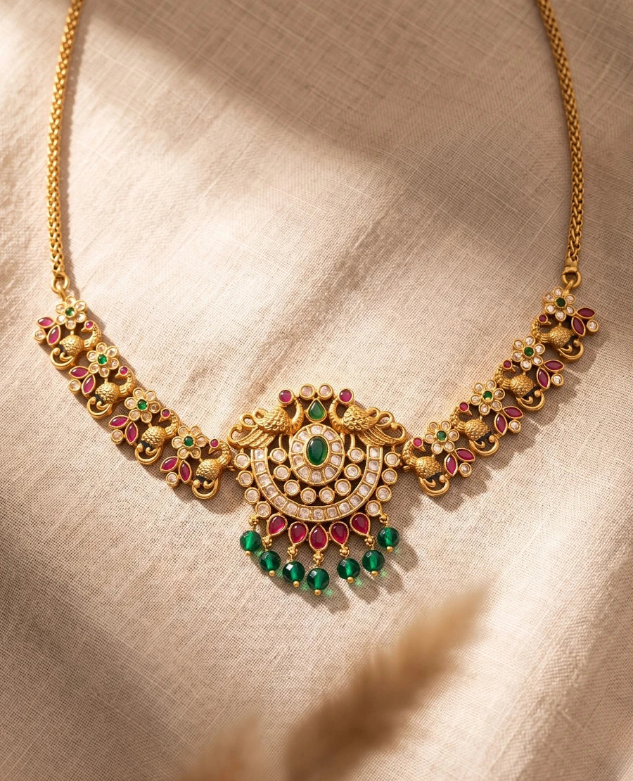 antique-gold-peacock-temple-choker-necklace-with-green-and-red-kemp-stones-and-bead-drops
