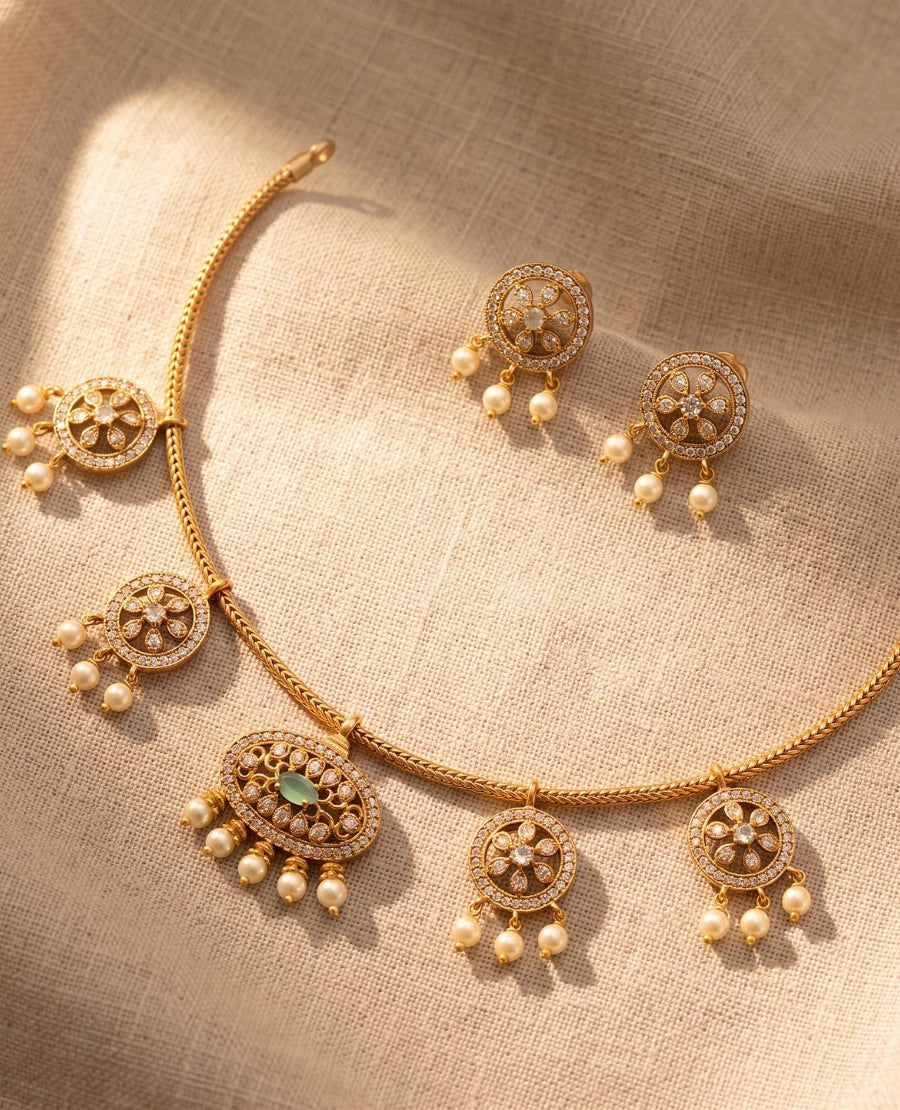 antique-gold-choker-necklace-set-with-pearl-drops-cz-stones-and-mint-green-center-stone-with-matching-earrings