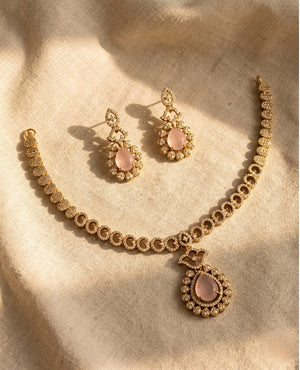 Gold plated blush pink American diamond choker necklace set with rose quartz pendant and matching earrings