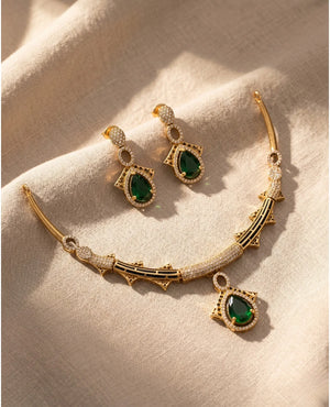 Modern gold hasli choker necklace set with emerald green stone black enamel and matching earrings