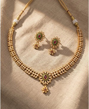 Gold plated Kundan choker necklace set with ruby emerald floral pendant and matching earrings