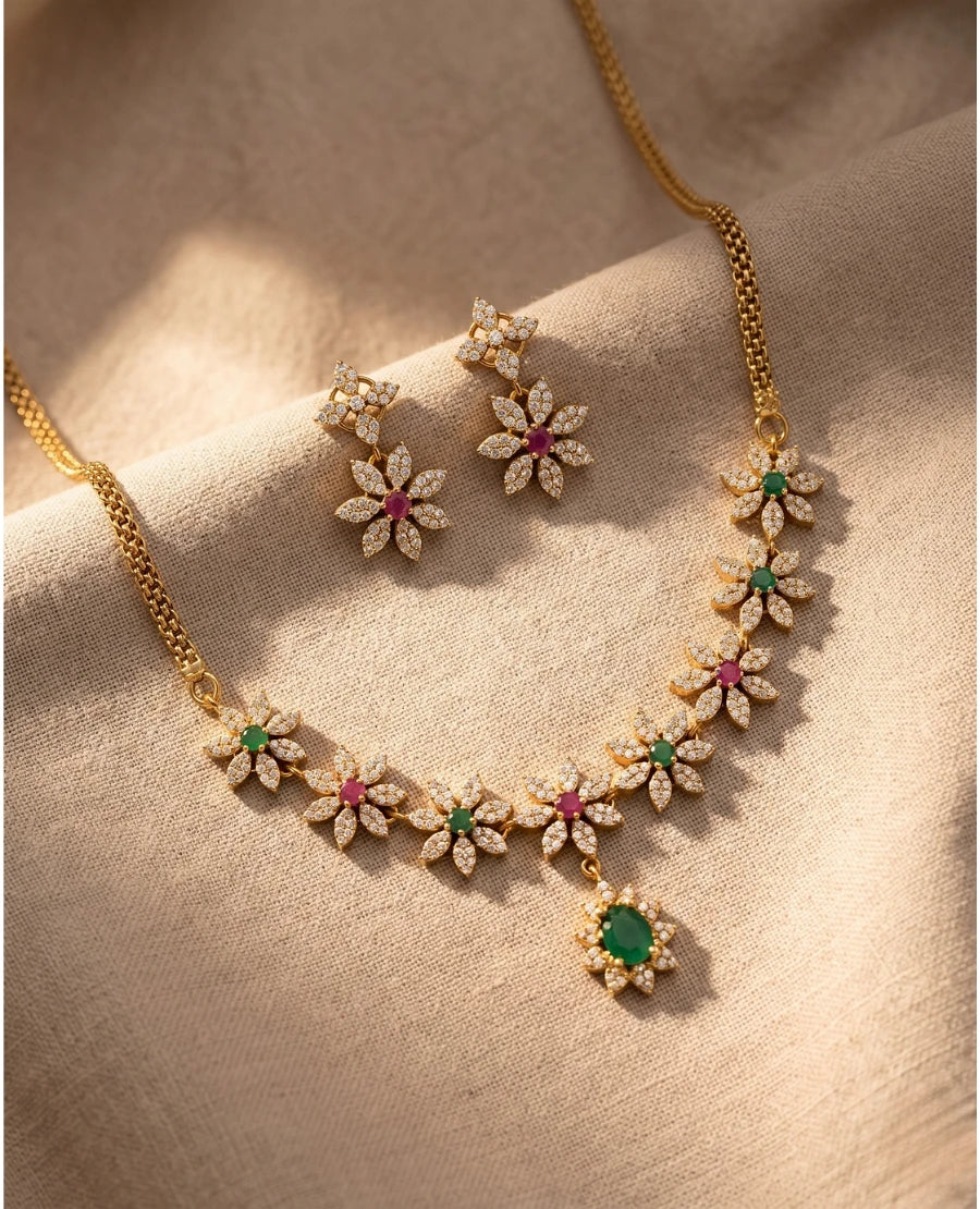 dainty-gold-plated-floral-cz-necklace-with-ruby-emerald-stones-pearl-drops-and-matching-earrings