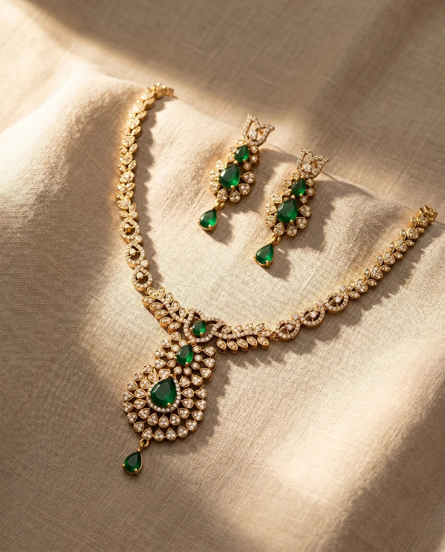 royal-gold-plated-emerald-green-american-diamond-teardrop-pendant-necklace-set-with-earrings