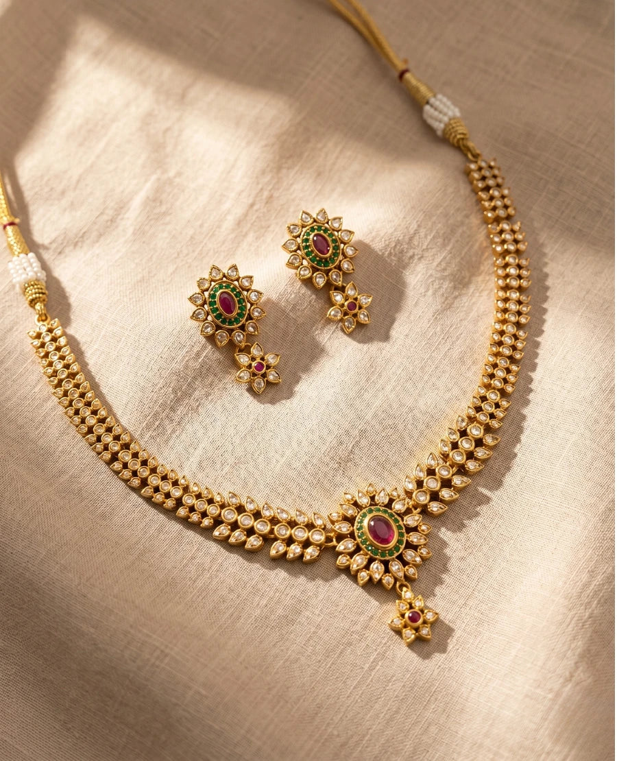 classic-gold-plated-polki-kundan-choker-necklace-with-ruby-green-center-and-matching-floral-earrings