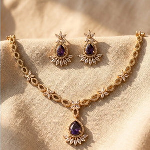 Gold plated amethyst purple American diamond necklace set with matching earrings