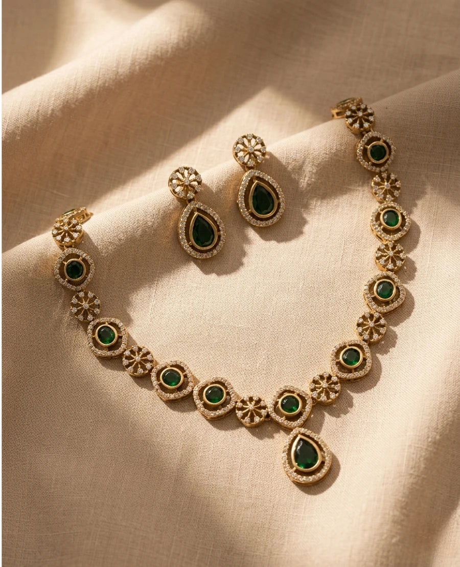 gold-plated-emerald-green-round-cz-necklace-set-with-teardrop-pendant-and-earrings